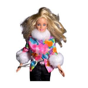 Vintage 90s Mattel Barbie Doll Blonde Blue Eyes Floral Fur Trim Jacket with Jean